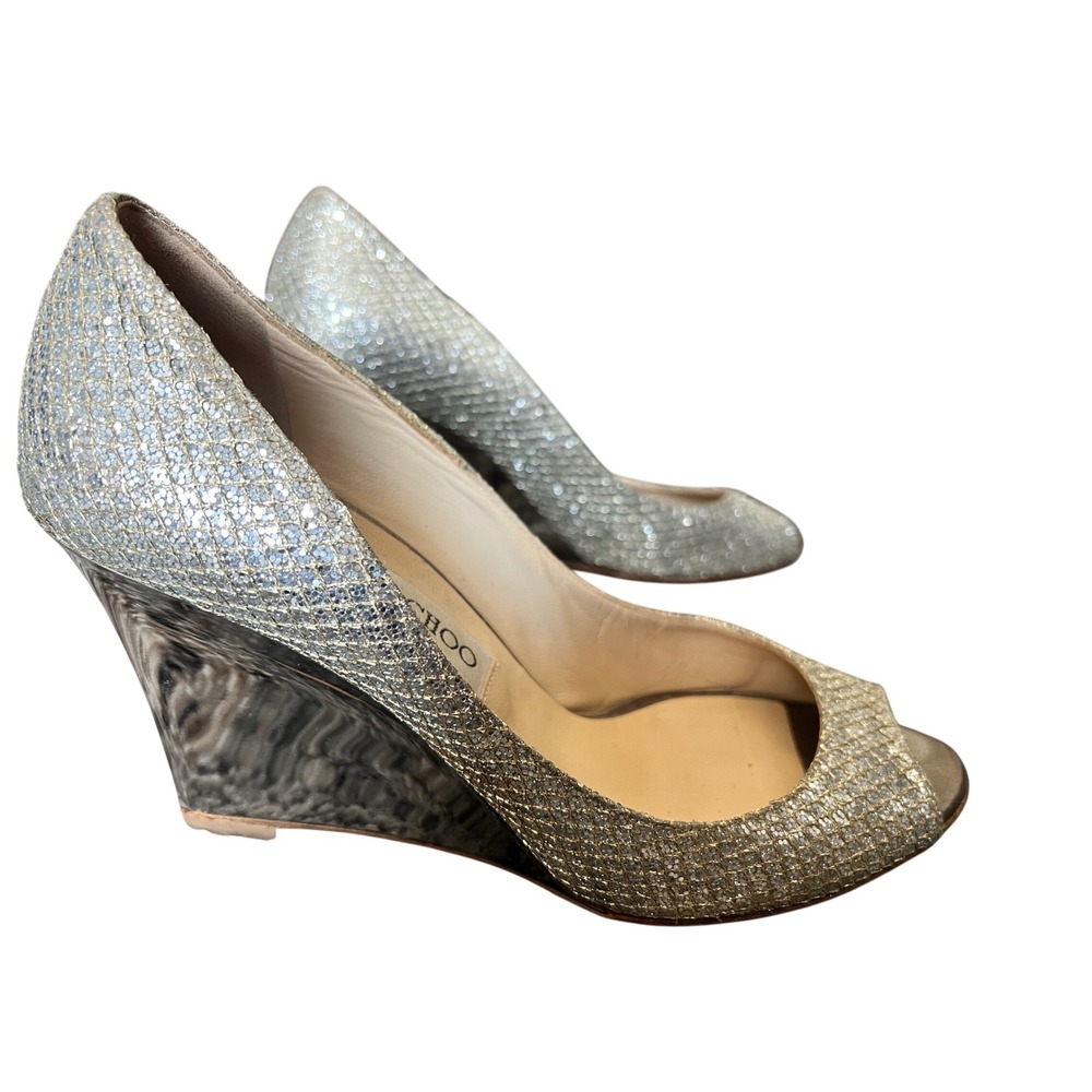 Jimmy Choo‎ London Silver Glitter Peep Toe Wedge Heels Shoes Size 38